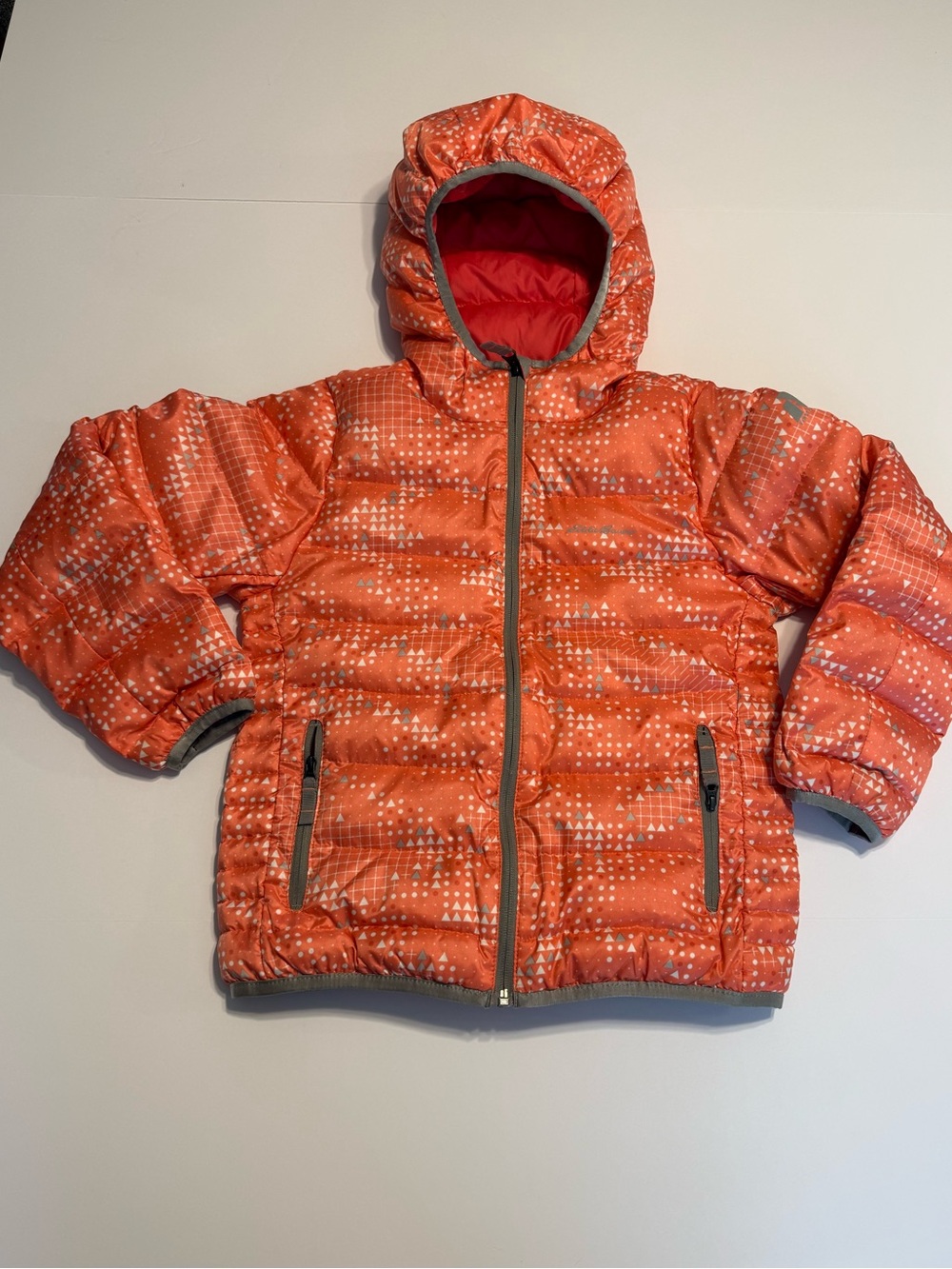 Eddie Bauer Girls Coral Geometric Down Puffer Hooded Jacket Pockets Small 7-8